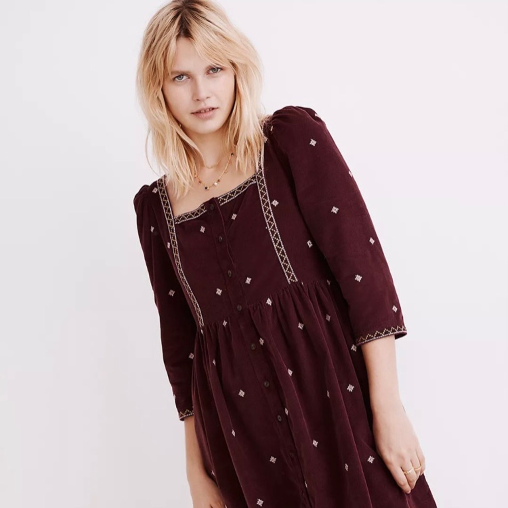 Embroidered Corduroy Button-Front Mini Dress